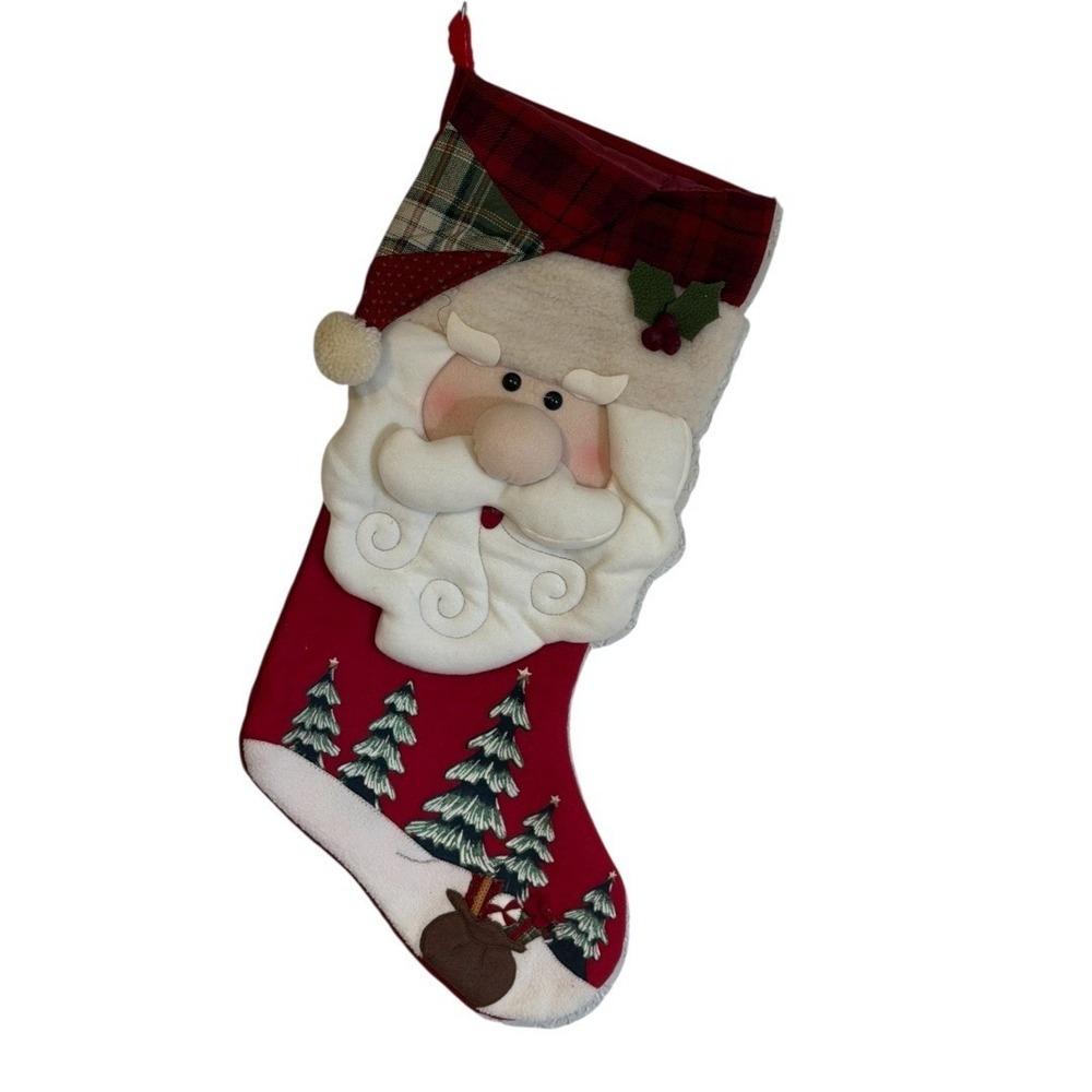 Dan Dee Vintage Santa Claus Plush 3D Christmas Stocking Red Plaid Cuff  Trees